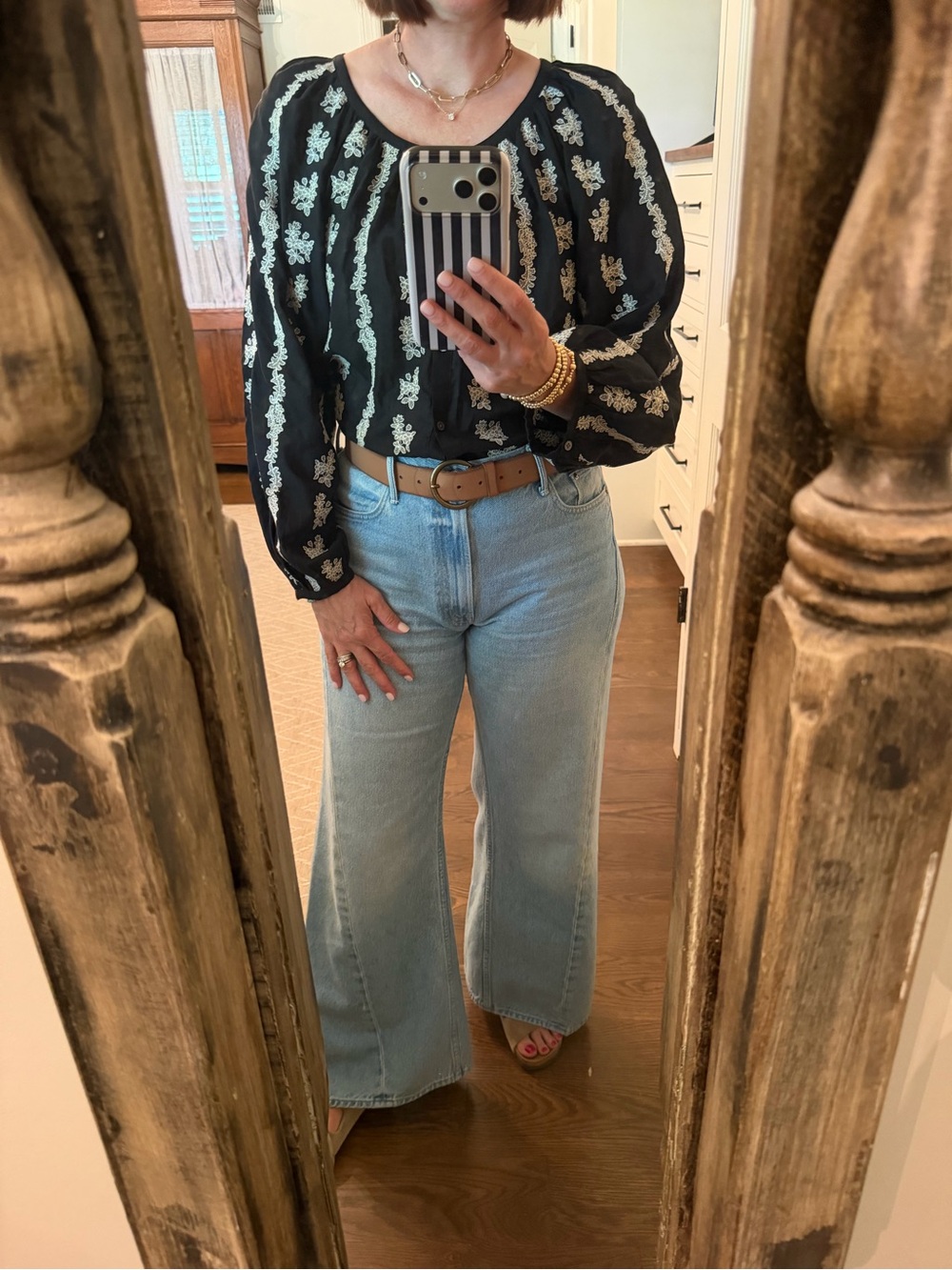 Madewell Black Shirt with Cream Floral Embroidery